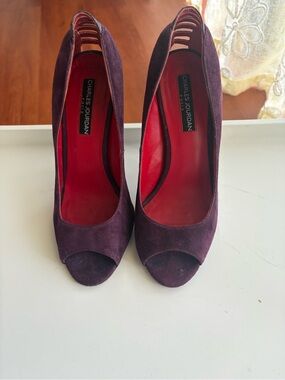 Charles Jourdan Plum Suede Peep-Toe Heels